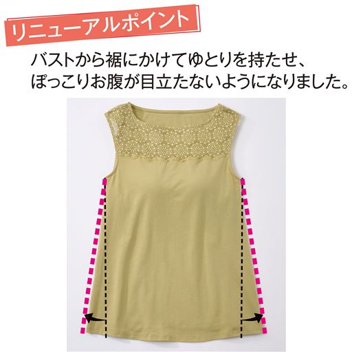 リニューアルポイント<br>バストから裾にかけてゆとりを持たせ、ぽっこりお腹が目立たないようになりました。