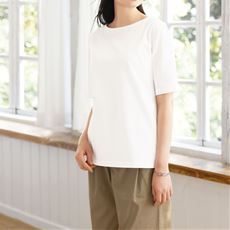 ボートネック半袖Tシャツ(綿混、吸汗・速乾)