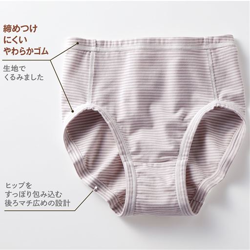 B (1)締めつけにくいやわらかゴム 生地でくるみました(2)ヒップをすっぽり包み込む後ろマチ広めの設計