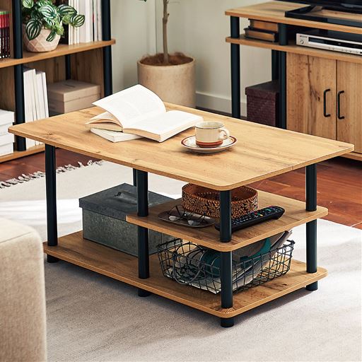 オーク A (幅90cm)<br>オーク調×ブラックフレームでモダンな印象のローテーブルです。