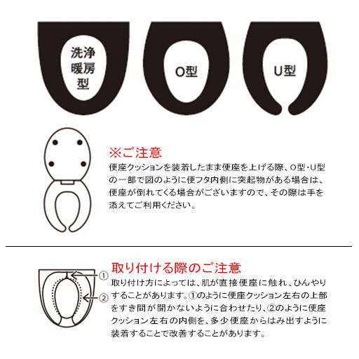 洗浄暖房型、O型、U型など、様々な形状の便座に取り付けられます。