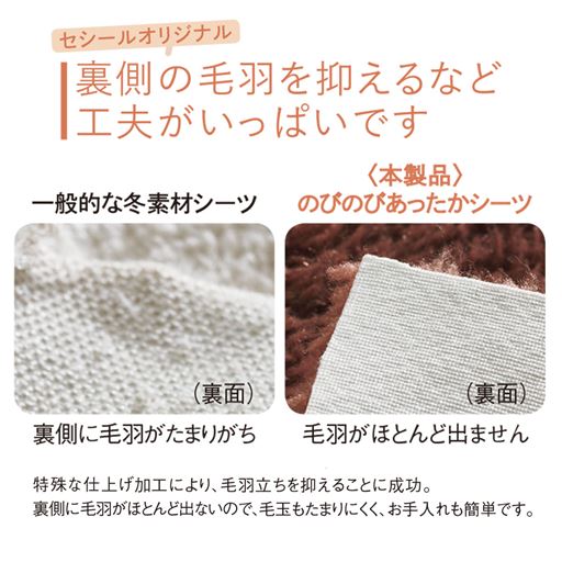 左:一般的な冬素材シーツ 右:のびのびあったかシーツ<br>毛布生地の裏側に、毛玉防止の生地を特殊な方法で貼り付けました。