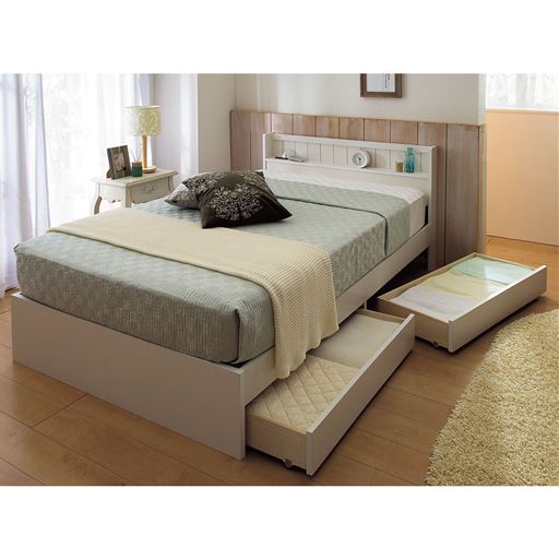 ホワイト セミダブルA(マットレス付き)<br>豊富なバリエーションから選べる、引き出し付きの収納ベッドです。