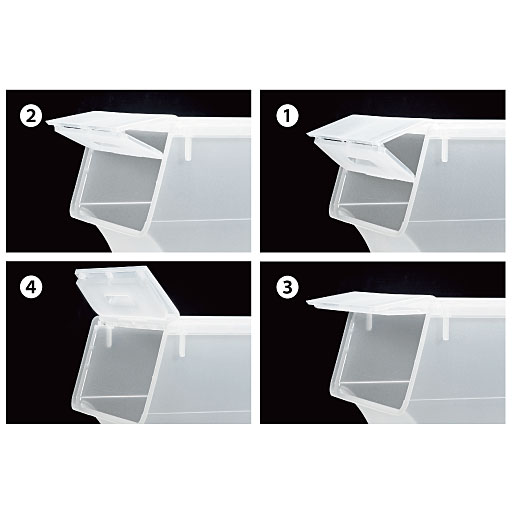 フタは中折れ式で、下からスライドさせると、3段階でカチッと止まります。(1)→(2)→(3) フルオープンで上に持ち上げると扉が自立します(4)。<br>※クリアーの販売は終了しました。