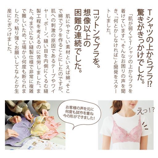 (1)Tシャツの上からブラ!?驚きがきっかけでした。(2)コットンブラを。想像以上の困難の連続でした。