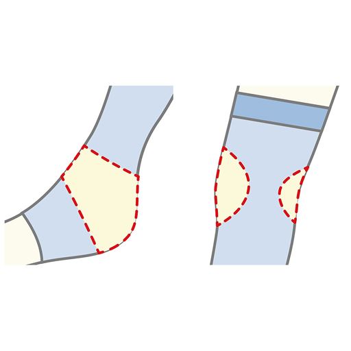 動きが多いひざ・ひざ裏はメッシュ編み、足首はリブ編み