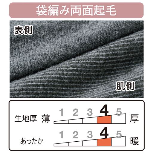 ふんわり暖かなこだわり素材<br>両面を起毛させた、吸湿発熱素材だから軽くてやわらかで暖かい。