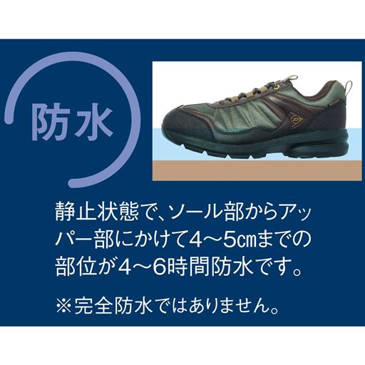 静止状態で、ソール部からアッパー部にかけて4～5cmまでの部位が4～6時間防水です。 ※完全防水ではありません。