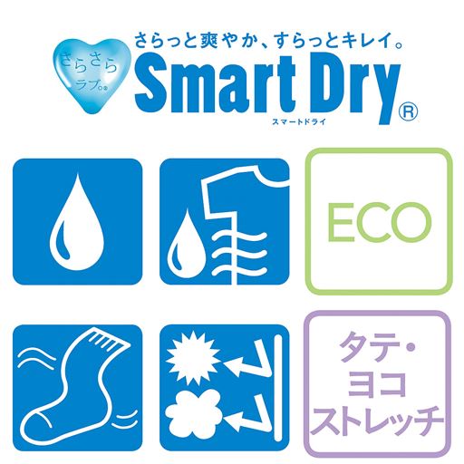 スマートドライソックス6つの特徴<br>吸水性・ドライ・ECO・風合い・抗菌防臭・ストレッチ