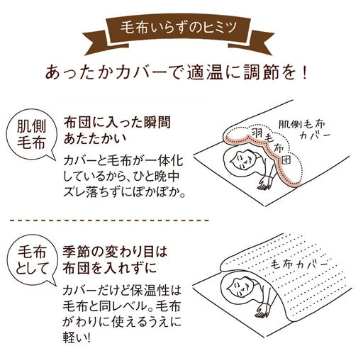 布団に入った瞬間あたたかい! カバーと毛布が一体化しているのでズレません。季節の変わり目は布団を入れずに毛布としても使用できます。