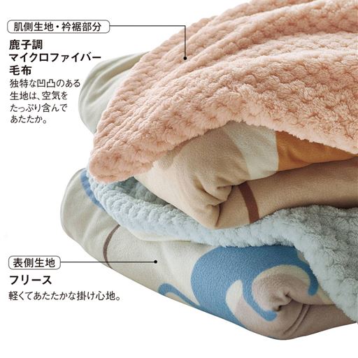 (上から) パウダーピンク・パウダーブルー<br>表側にはふんわり軽いフリース、肌側には鹿の子調のマイクロファイバーを使用。<br>※パウダーピンクは完売しました。