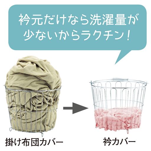 通常の掛け布団カバーと比べて洗濯量が1/4以下! 顔や肌に触れる衿部分をいつも清潔に保てます。 ※写真はイメージです。