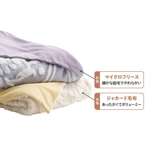 (上から)ラベンダー、アイボリー<br>表側はあったかくてボリューミーな毛布生地、肌側は細かな起毛でやわらかいマイクロフリース生地を使用しています。