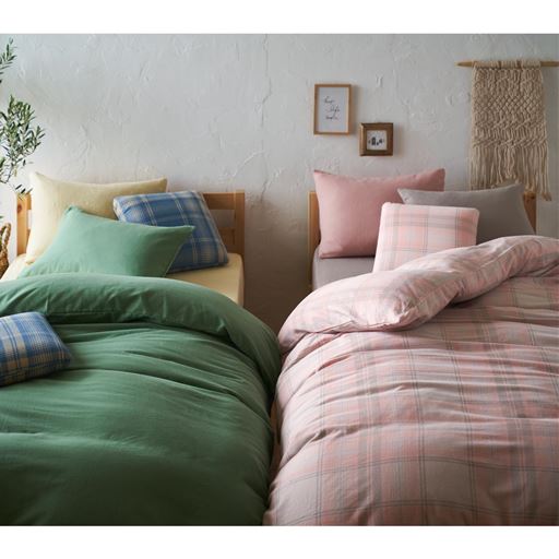 (左から) イエロー・カーキ・ピンク・グレー ※商品は枕カバー(無地)です。<br>綿100%ネルシリーズを組み合わせて自分だけのコーディネートを。