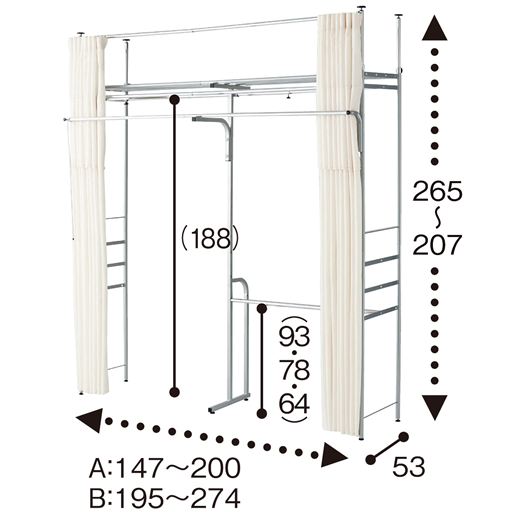 A (本体/幅147～200cm)・B (本体/幅195～274cm) サイズ寸法<br>※寸法の単位はcm、( )内は内寸です。