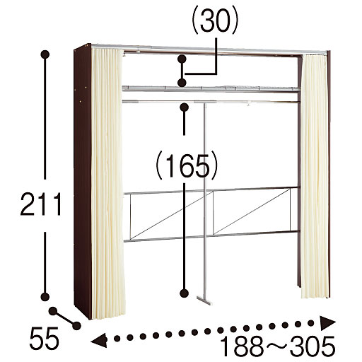 ダークブラウン F (上棚あり/幅188～305cm)<br>※寸法の単位はcm、( )内は内寸です。