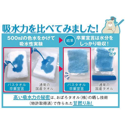 国産タオルの老舗メーカー「おぼろタオル」の晒し技術で作られた甘撚り糸が吸水力の秘密。