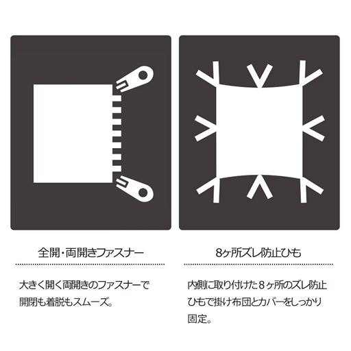 全開・両開きファスナー使用<br>8か所ズレ防止ひも付き