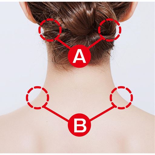 ～突起部分を当て、ストレッチ～<br>(A)頭・首の疲れに※<br>(B)首・肩の疲れに※<br>※筋肉の疲れをほぐす