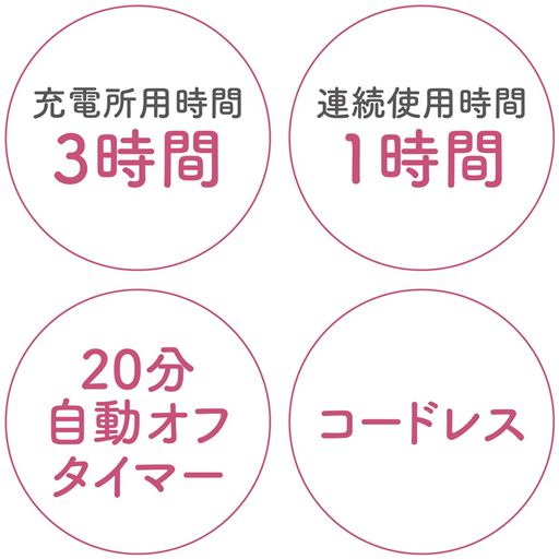 充電所用時間3時間 連続使用時間1時間 20分自動オフタイマー コードレス