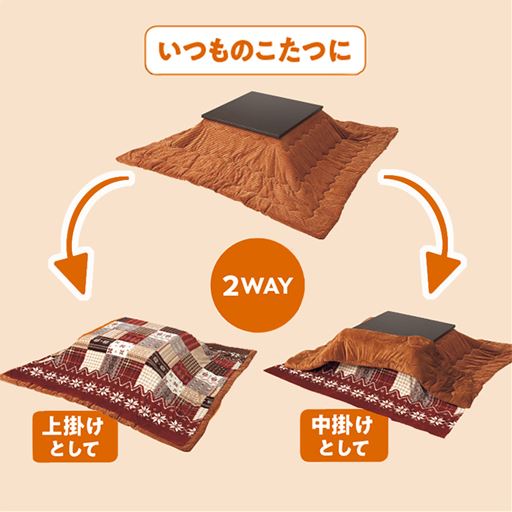 こたつ布団の上にサッと掛ければ汚れ防止に。中掛けとしてこたつ布団の下に入れれば保温性もアップします。