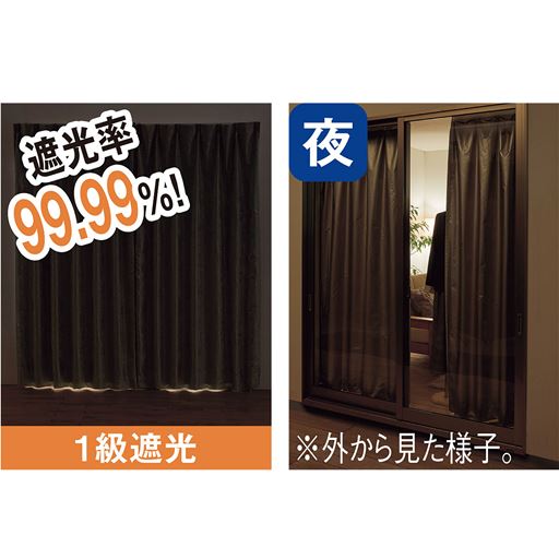 遮光率99.99%でまぶしい西日の日差しも、夜の光漏れもカットする1級遮光。<br>※左:室内から見た様子 右:夜に屋外から見た様子