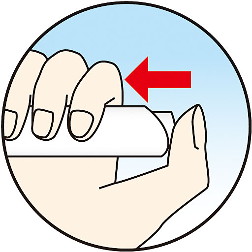 【使用量がわかる便利なノック式】<br>容器後ろのボタンを1～2回プッシュした量が、片目の使用量の目安です。