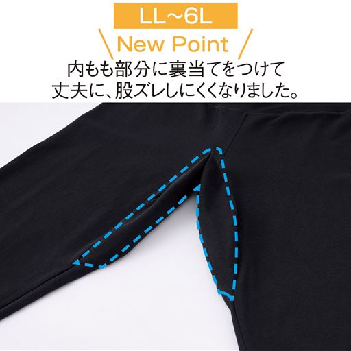 LL～6Lサイズのみ<br>内もも部分に裏当てをつけて、丈夫に、股ズレしにくくなりました。