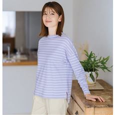 ハイネックボーダーTシャツ(長袖)(綿100%・洗濯機OK)