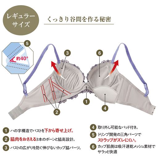くっきり谷間を作る秘密(1)ハの字構造でバストを下から寄せ上げ。(2)脇肉をおさえる3本のボーンと脇高設計。(3)バストの広がりを防ぐ伸びないカップ脇パーツ。(4)取り外し可能なパッド付き。(5)トリンプ開発の三角パーツでストラップがズレにくい(6)カップ肌側は吸汗速乾メッシュ素材サラッと快適。