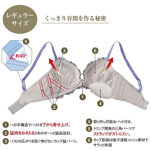 くっきり谷間を作る秘密(1)ハの字構造でバストを下から寄せ上げ。(2)脇肉をおさえる3本のボーンと脇高設計。(3)バストの広がりを防ぐ伸びないカップ脇パーツ。(4)取り外し可能なパッド付き。(5)トリンプ開発の三角パーツでストラップがズレにくい(6)カップ肌側は吸汗速乾メッシュ素材サラッと快適。