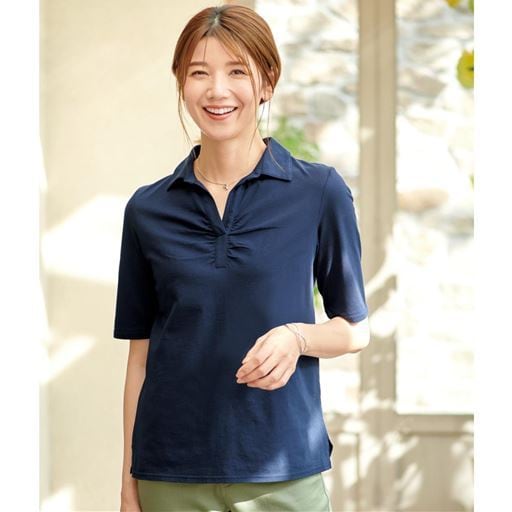 スキッパー衿Tシャツ(5分袖)(綿100%・洗濯機OK)