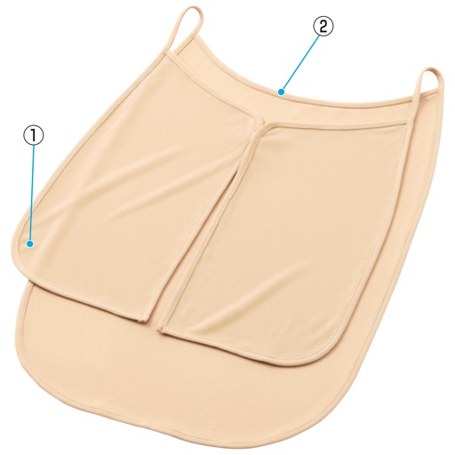 (1)短い前身頃で、ウエストまわりのもたつきを解消。<br>(2)浅めのカットで背中の汗も吸収。