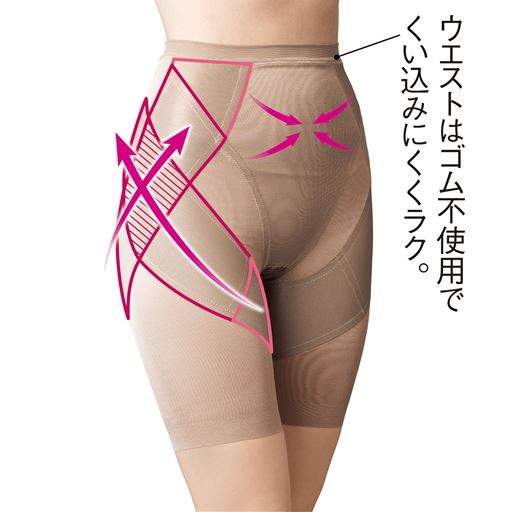 ウエストはゴムを使わず、パワーネットの折り返し仕様でくい込みにくくラク。