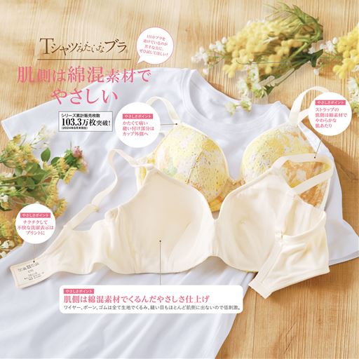 Tシャツみたいなブラ®のこだわりポイント(1)ストラップの肌側は綿100%でやわらかな肌あたり(2)かたくて痛い縫い付け部分はカップ外側へ(3)チクチクして不快な洗濯ネームはプリントに(4)肌側は綿混素材でくるんだやさしさ仕上げワイヤー、ボーン、ゴムは全て生地でくるみ、縫い目もほとんど肌側に出ないので低刺激。