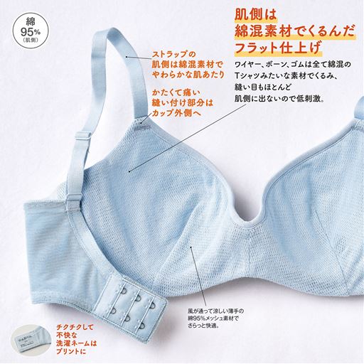 (1)かたくて痛い縫い付け部分はカップ外側へ(2)肌側は綿混素材でくるんだやさしさ仕上げ。ワイヤー、ボーン、ゴムは全て生地でくるみ、縫い目もほとんど肌側に出ないので低刺激。(3)チクチクして不快な洗濯ネームはプリントに(4)ストラップの肌側は綿100%でやわらかな肌あたり