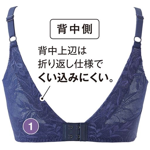 背中側 (1)脇～背中はパワーのあるレースを贅沢に使用。縫い付けてない2重パネルでやさしく脇肉を包んですっきり。