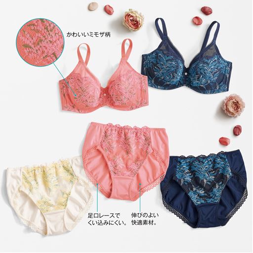 (左上から時計回りに)シルクベージュ(ショーツのみ)、ダークネイビー、クラウディローズ (1)伸びのよい快適素材。(2)足口レースでくい込みにくい。