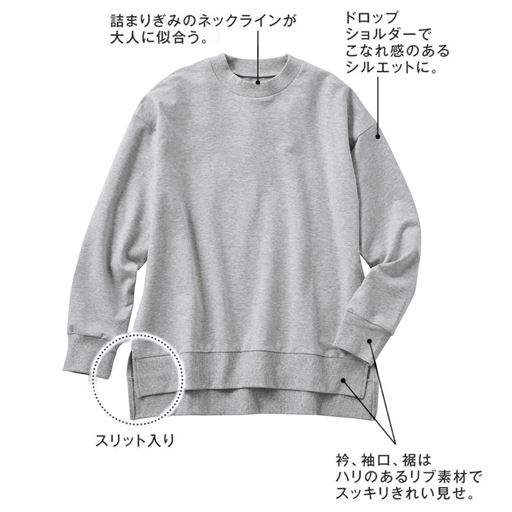 グレーモク (1)詰まりぎみのネックラインが大人に似合う。(2)ドロップショルダーでこなれ感のあるシルエットに。(3)衿、袖口、裾はハリのあるリブ素材でスッキリきれい見せ。 スリット入り