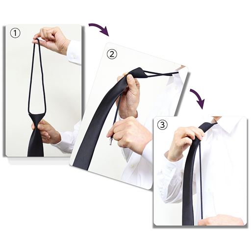 簡単3ステップ! (1)ループを緩めます(2)首にかけ、襟下に紐を隠します(3)ループを引いて締めるだけ!着脱も簡単です。