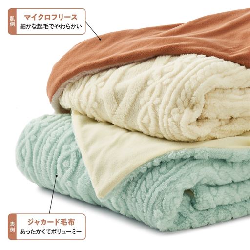 (上から) アイボリー・ブルー ※ブルーは完売しました。<br>表側はあったかジャカード毛布生地、裏側はなめらかなマイクロフリース生地を使用。