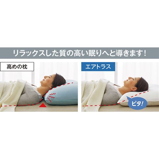 高めの枕は首と枕の間に空間ができ、肩や首、下半身の筋肉まで緊張状態に。エアトラスは頭と首が心地よくフィットし、自然な寝姿勢をキープします。
