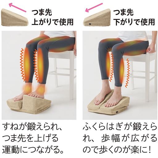 つま先上がりで使用するとすねが鍛えられ、、つま先下がりで使用するとふくらはぎに効果が!