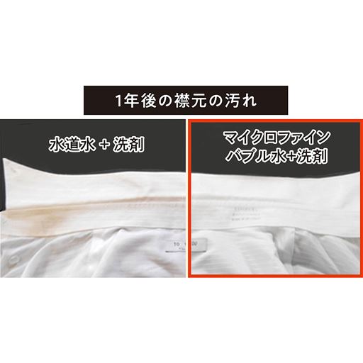 バブルのチカラで繊維の奥から真っ白に!蓄積される汚れが減るため、1年後では衣類の黄ばみにこれだけの差が!