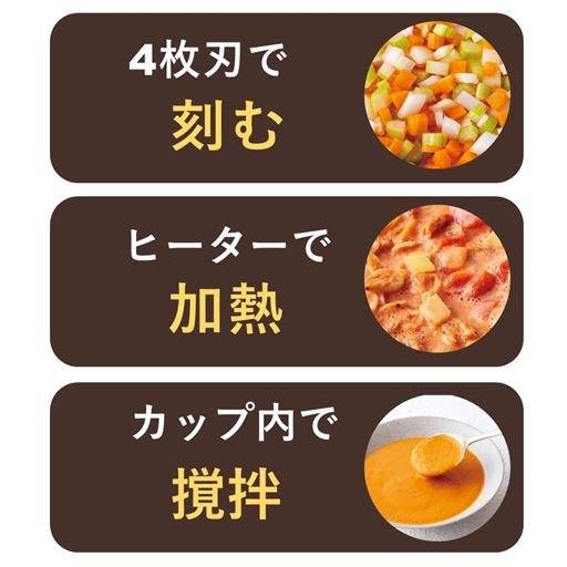 火を使わないから、ほったらかしでも安心。刻む、加熱、撹拌といった調理に手間のかかる部分を自動で!