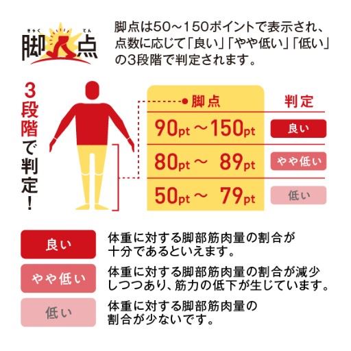 「脚点」は50～150 ポイントで表示され、点数に応じて<br>「良い」「やや低い」「低い」の3段階で判定されます。