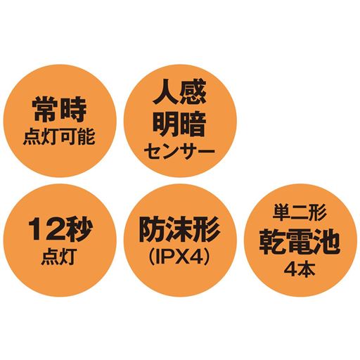 常時点灯可能 人感明暗センサー 12秒点灯 防沫形(IPX4) 単二形乾電池4本