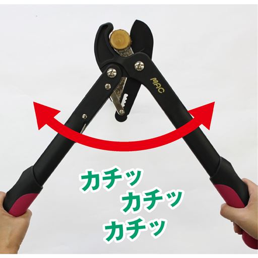 テコの力を利用した「ラチェット式」で、大きな力が刃に働き、枝にしっかりくい込みます。