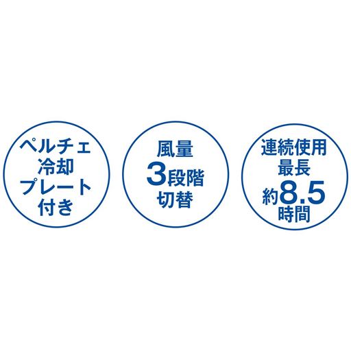 ペルチェ冷却プレート付き 風量3段階切替 連続使用最長約8.5時間