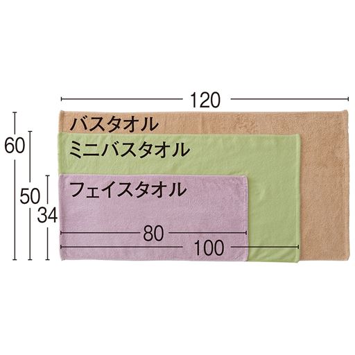 かさばらず、洗濯しやすく干しやすいミニバスタオルもご用意しました。収納もコンパクトです。 <br>※寸法の単位はcmです。